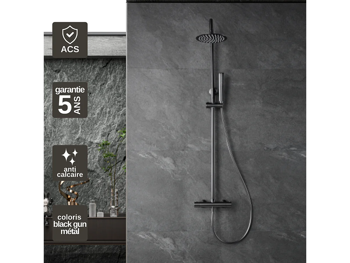 Colonne de Douche avec Mitigeur Thermostatique noir métal anti-calcaire - Design Moderne - NAPOLES IMEX