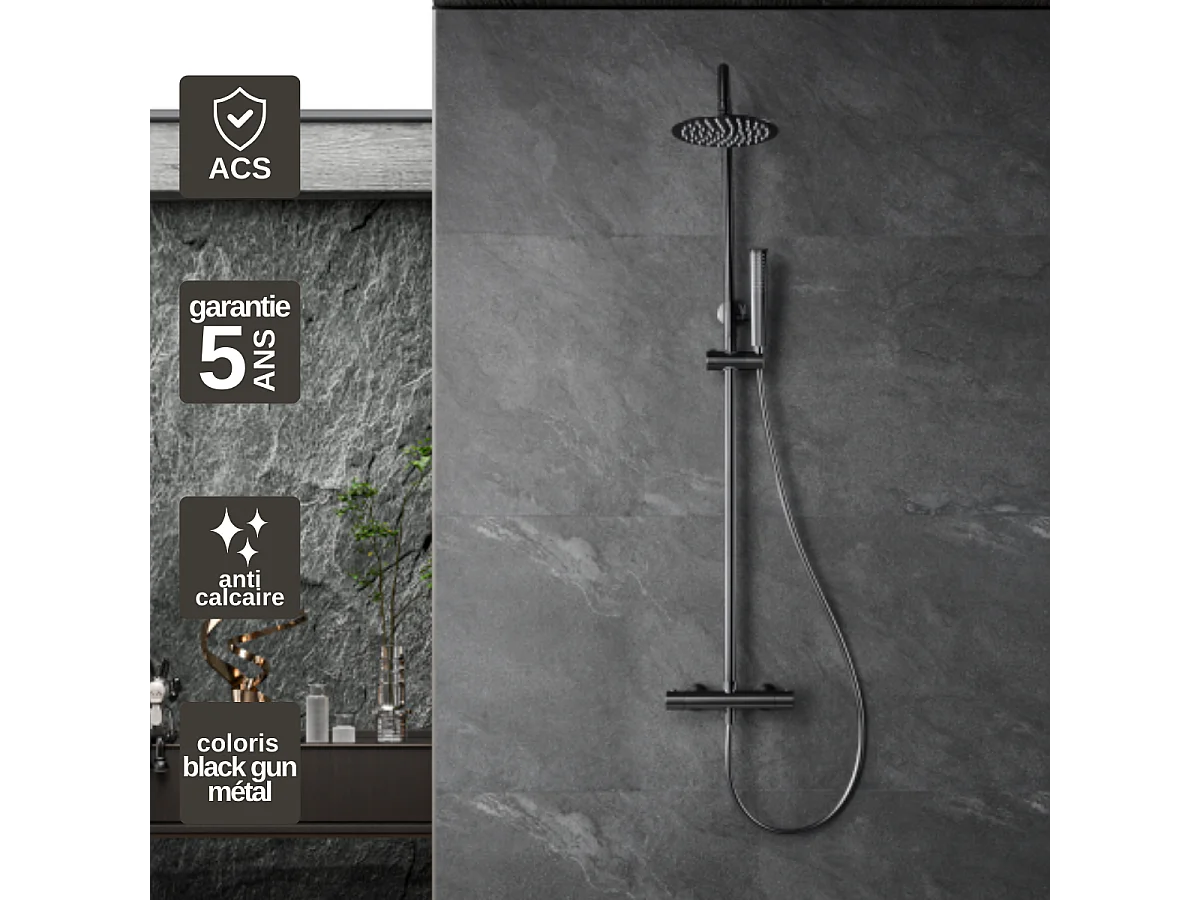 Colonne de Douche avec Mitigeur Thermostatique noir métal anti-calcaire - Design Moderne - NAPOLES IMEX