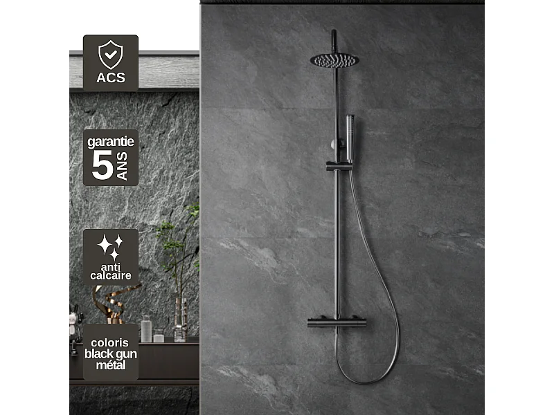 Colonne de Douche avec Mitigeur Thermostatique noir métal anti-calcaire - Design Moderne - NAPOLES IMEX