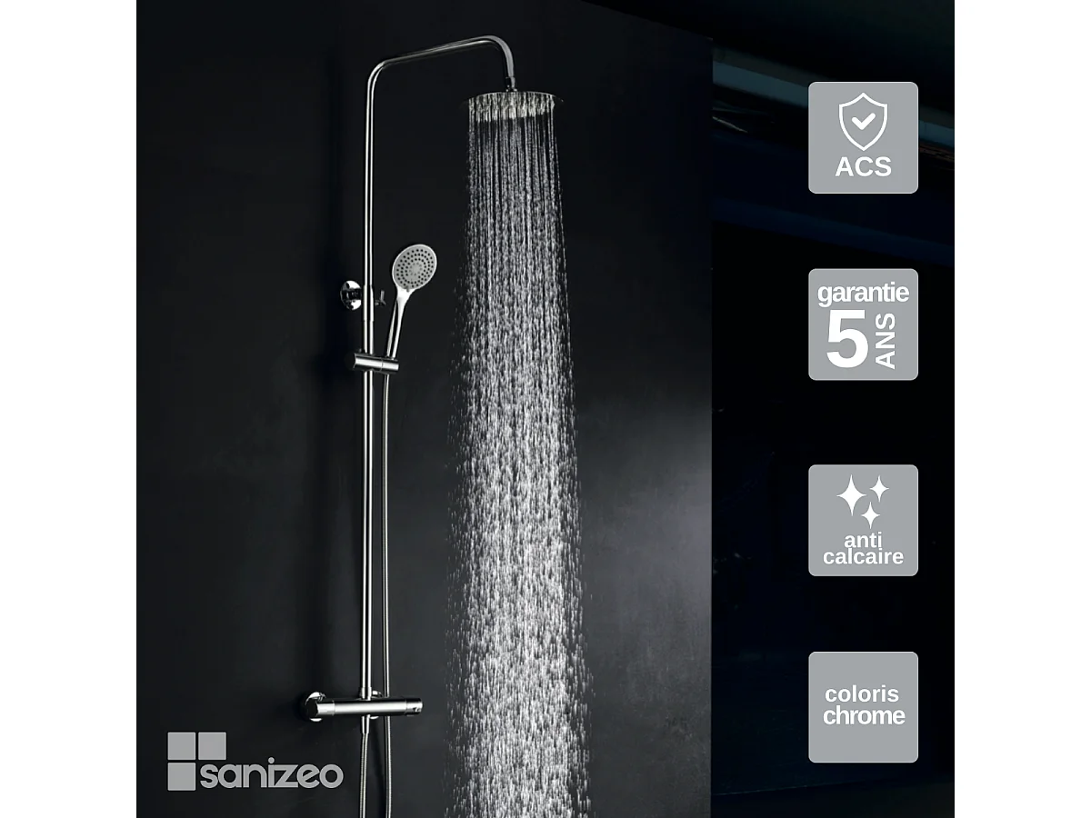 Colonne de Douche avec Mitigeur Thermostatique chromé anti-calcaire - Design Moderne - CRETA IMEX