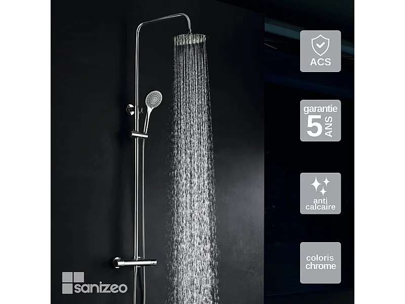 Colonne de Douche avec Mitigeur Thermostatique chromé anti-calcaire - Design Moderne - CRETA IMEX