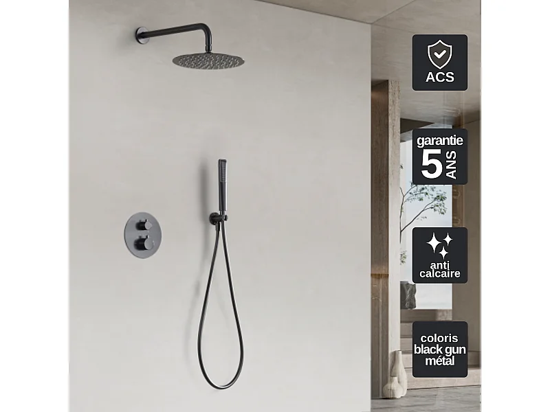 Colonne de Douche Encastrée avec Mitigeur Thermostatique noir métal anti-calcaire - Design Moderne - NAPOLES IMEX