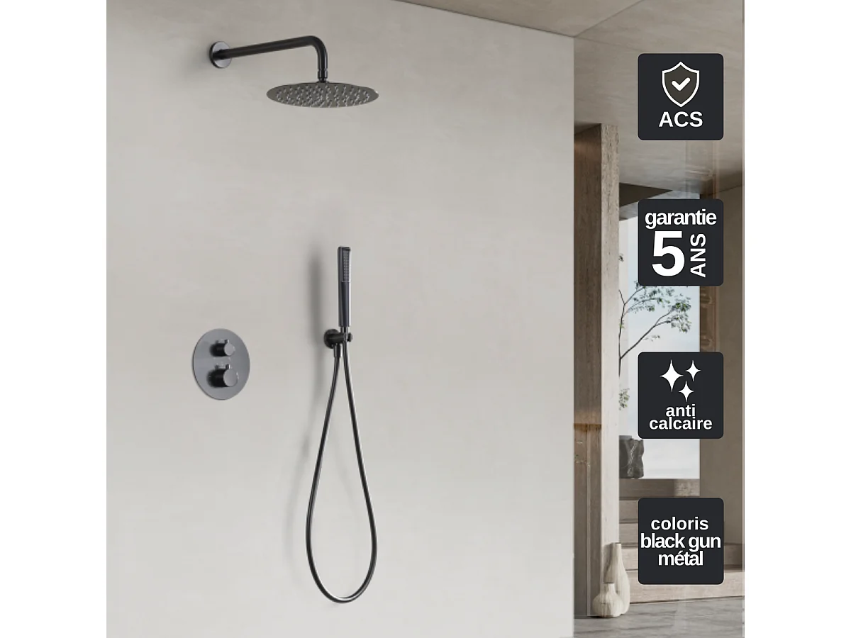 Colonne de Douche Encastrée avec Mitigeur Thermostatique noir métal anti-calcaire - Design Moderne - NAPOLES IMEX