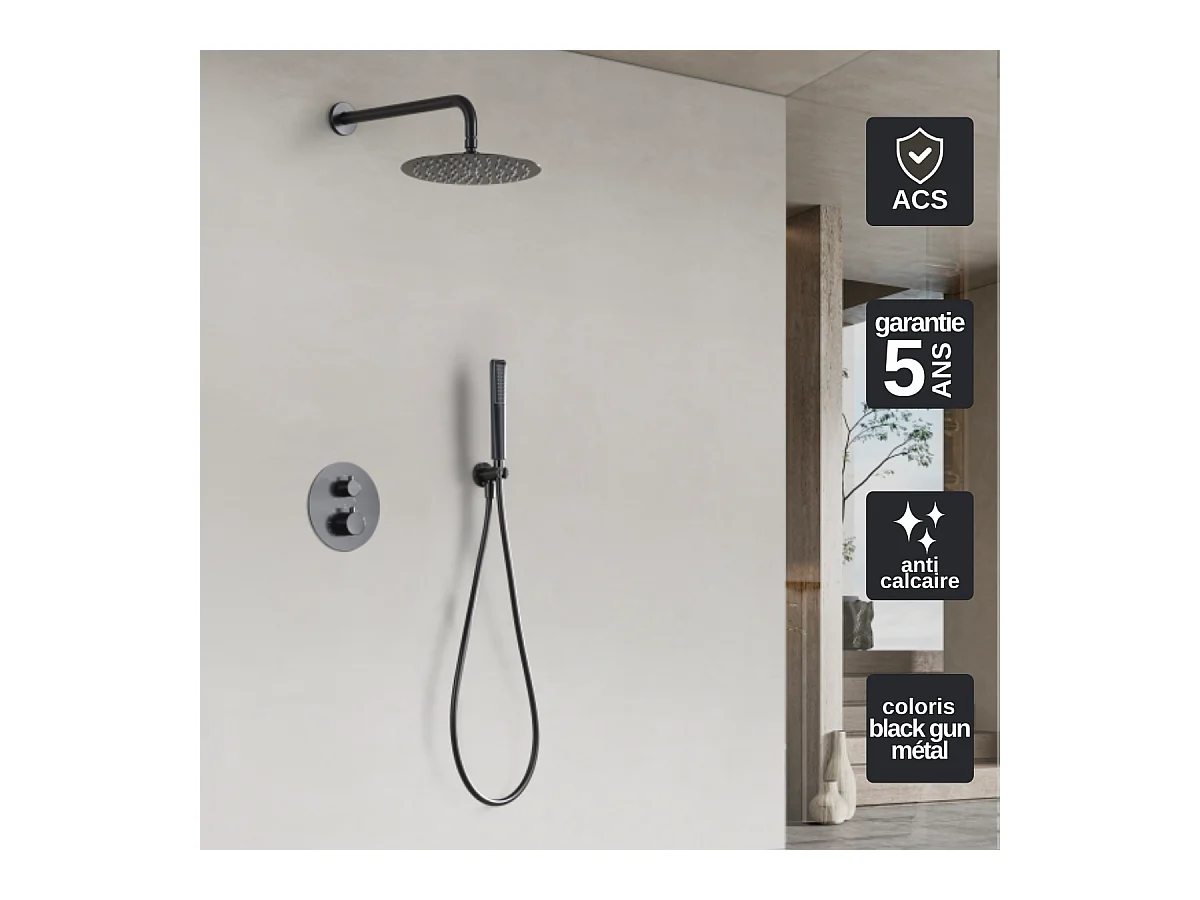 Colonne de Douche Encastrée avec Mitigeur Thermostatique noir métal anti-calcaire - Design Moderne - NAPOLES IMEX