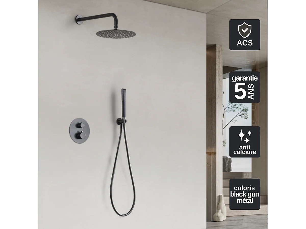 Colonne de Douche Encastrée avec Mitigeur Thermostatique noir métal anti-calcaire - Design Moderne - NAPOLES IMEX