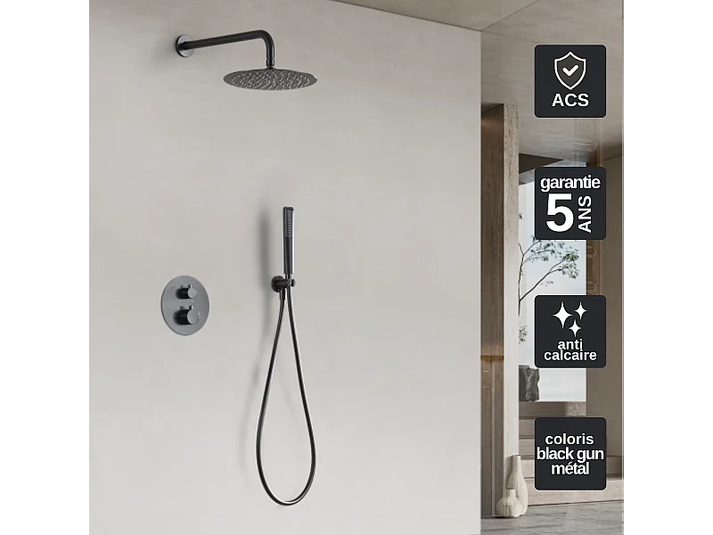 Colonne de Douche Encastrée avec Mitigeur Thermostatique noir métal anti-calcaire - Design Moderne - NAPOLES IMEX