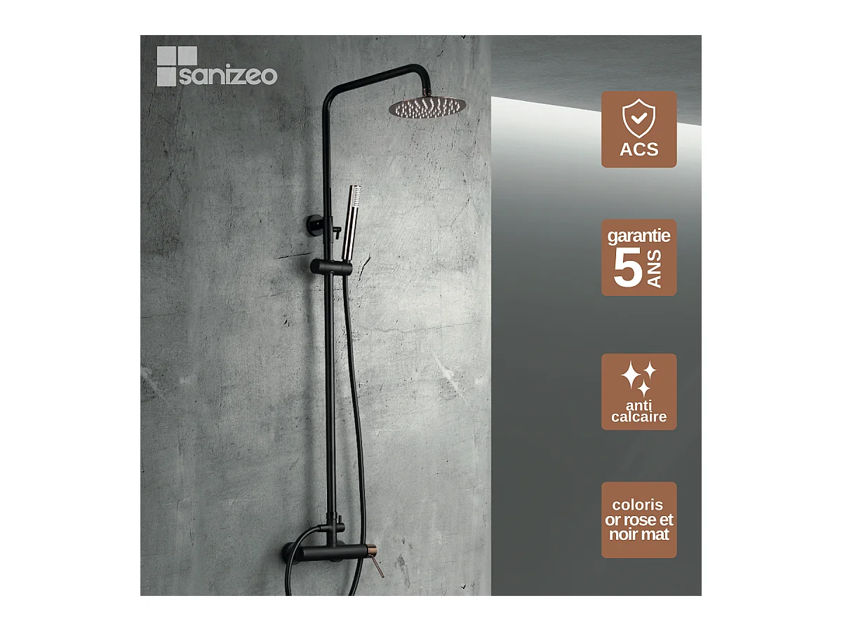 Colonne de Douche Anti-Calcaire Noir Mat et Or Rose Cuivré MILOS STICK BDYS045/NOR