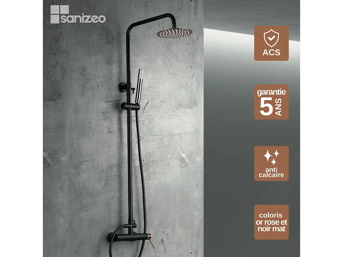 Colonne de Douche Anti-Calcaire Noir Mat et Or Rose Cuivré MILOS STICK BDYS045/NOR