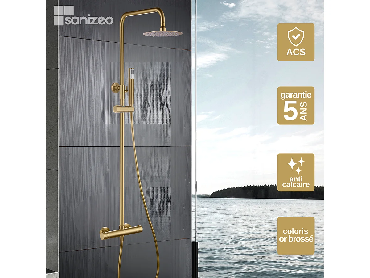 Colonne de Douche avec Mitigeur Thermostatique or brossé anti-calcaire - Design Moderne - GENOVA IMEX