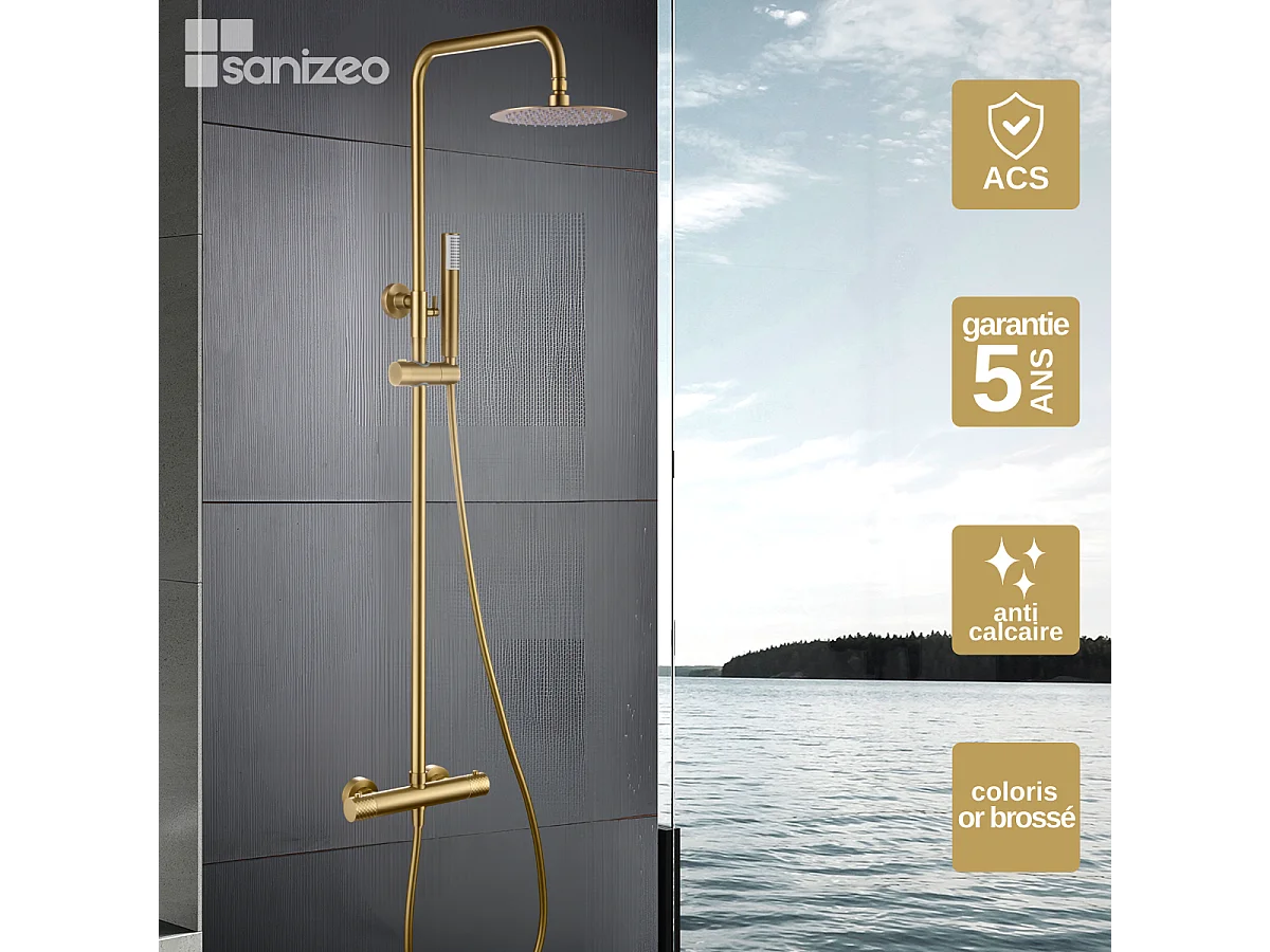 Colonne de Douche avec Mitigeur Thermostatique or brossé anti-calcaire - Design Moderne - GENOVA IMEX