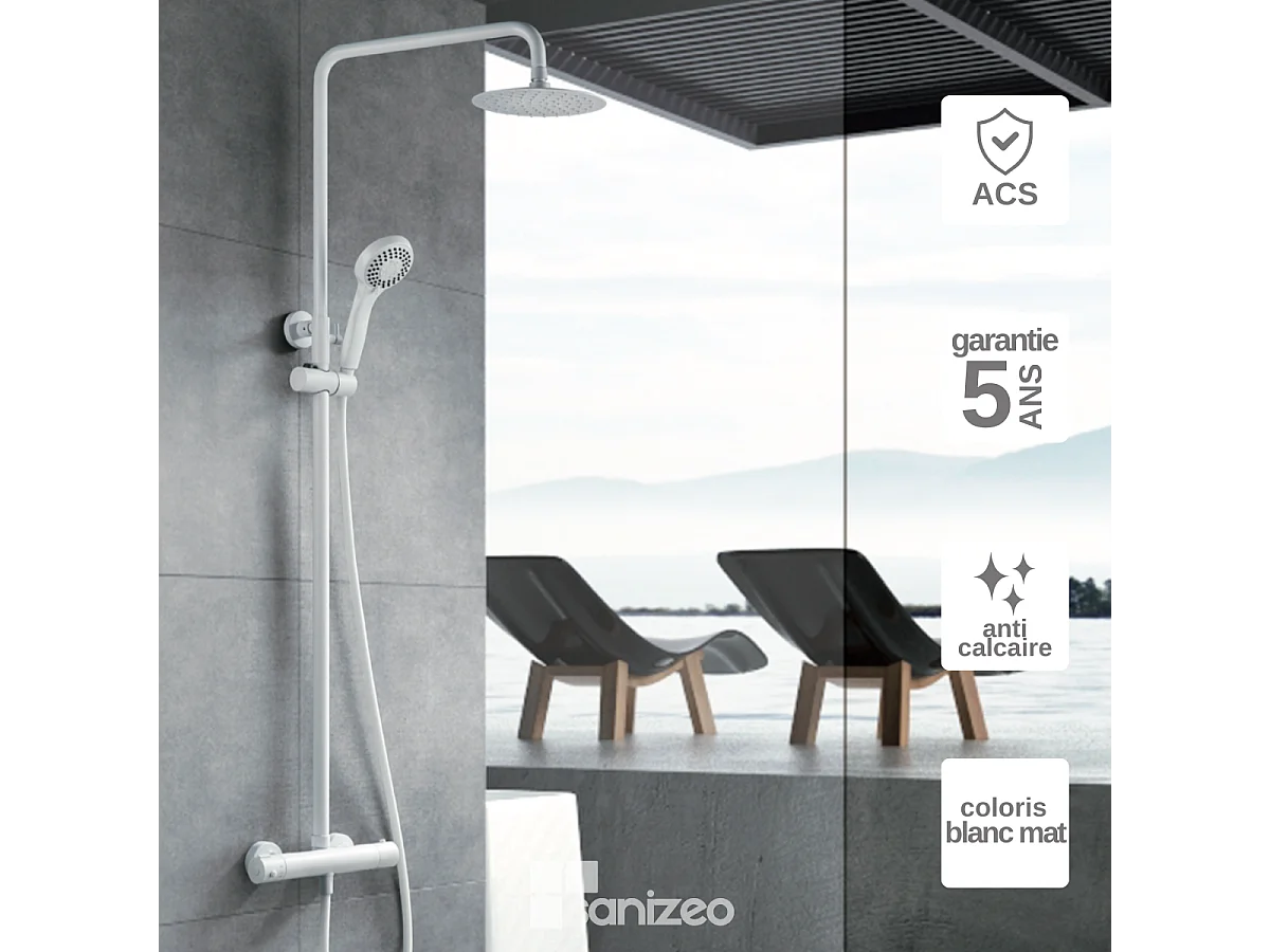 Colonne de Douche avec Mitigeur Thermostatique blanc mat anti-calcaire - Design Moderne - KENT IMEX