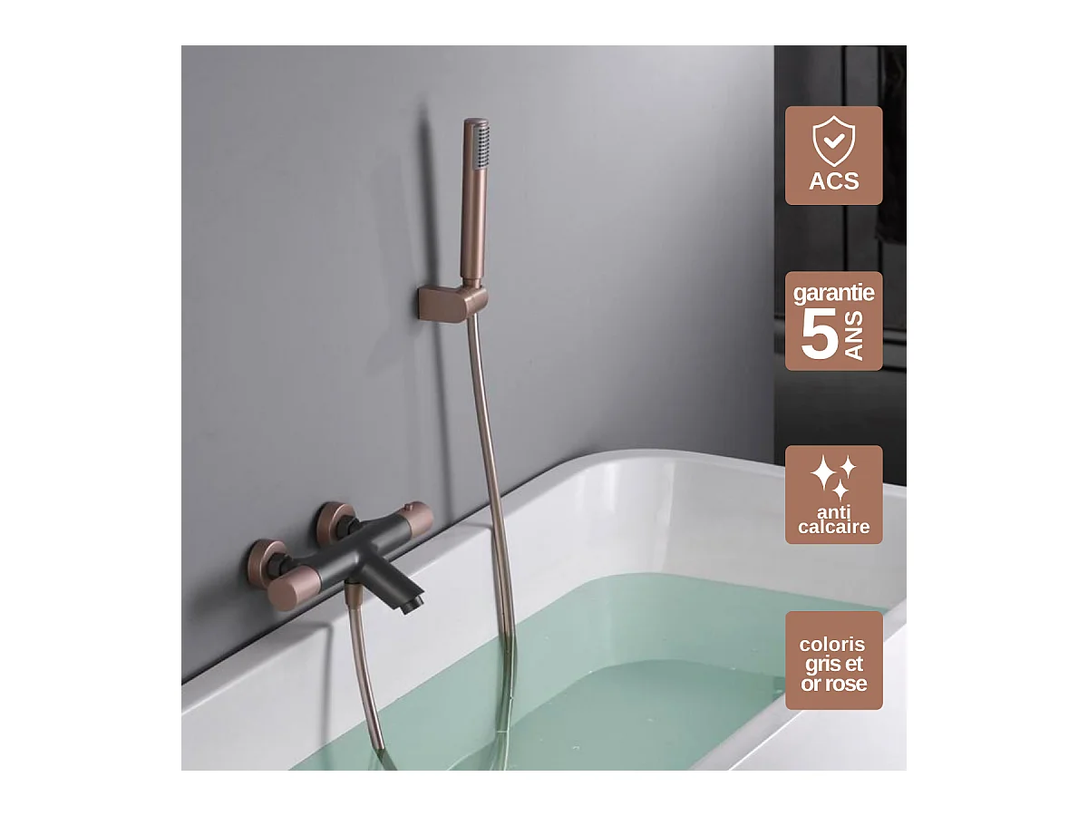 Ensemble Bain/Douche Anti-Calcaire Thermostatique Gris et Champagne LINE BTD038-4GC