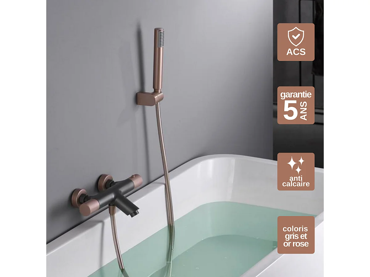 Ensemble Bain/Douche Anti-Calcaire Thermostatique Gris et Champagne LINE BTD038-4GC