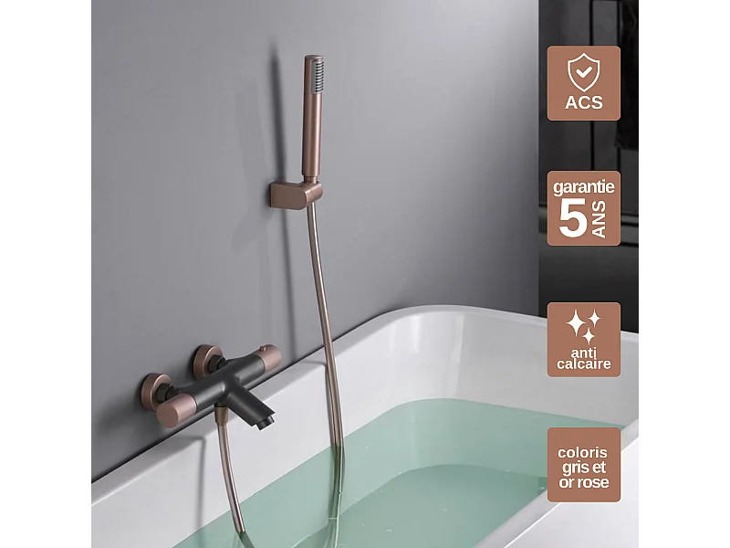 Ensemble Bain/Douche Anti-Calcaire Thermostatique Gris et Champagne LINE BTD038-4GC