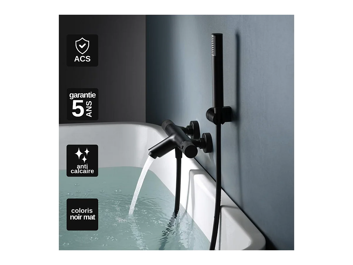 Ensemble Bain/Douche Anti-Calcaire Thermostatique Noir Mat LINE BTD038-4NG