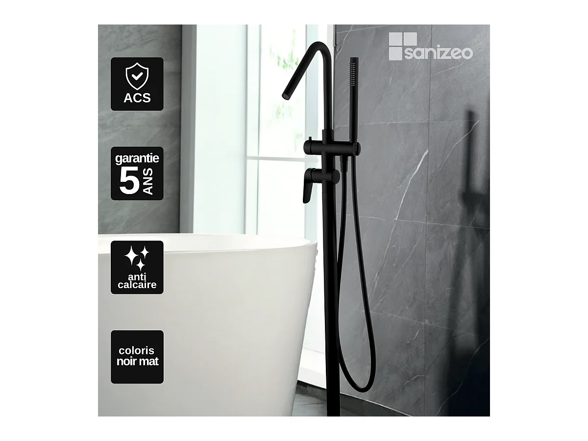 Robinet Mitigeur de Baignoire anti-calcaire sur pied Noir Mat BELGICA BBEZ044/NG