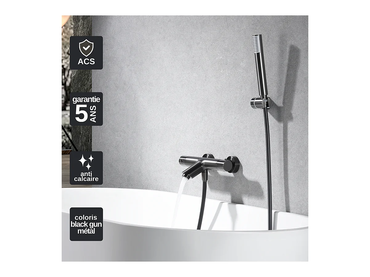 Ensemble Bain/Douche Thermostatique Anti-Calcaire Black Gun Métal MONZA BTM039-4BGM