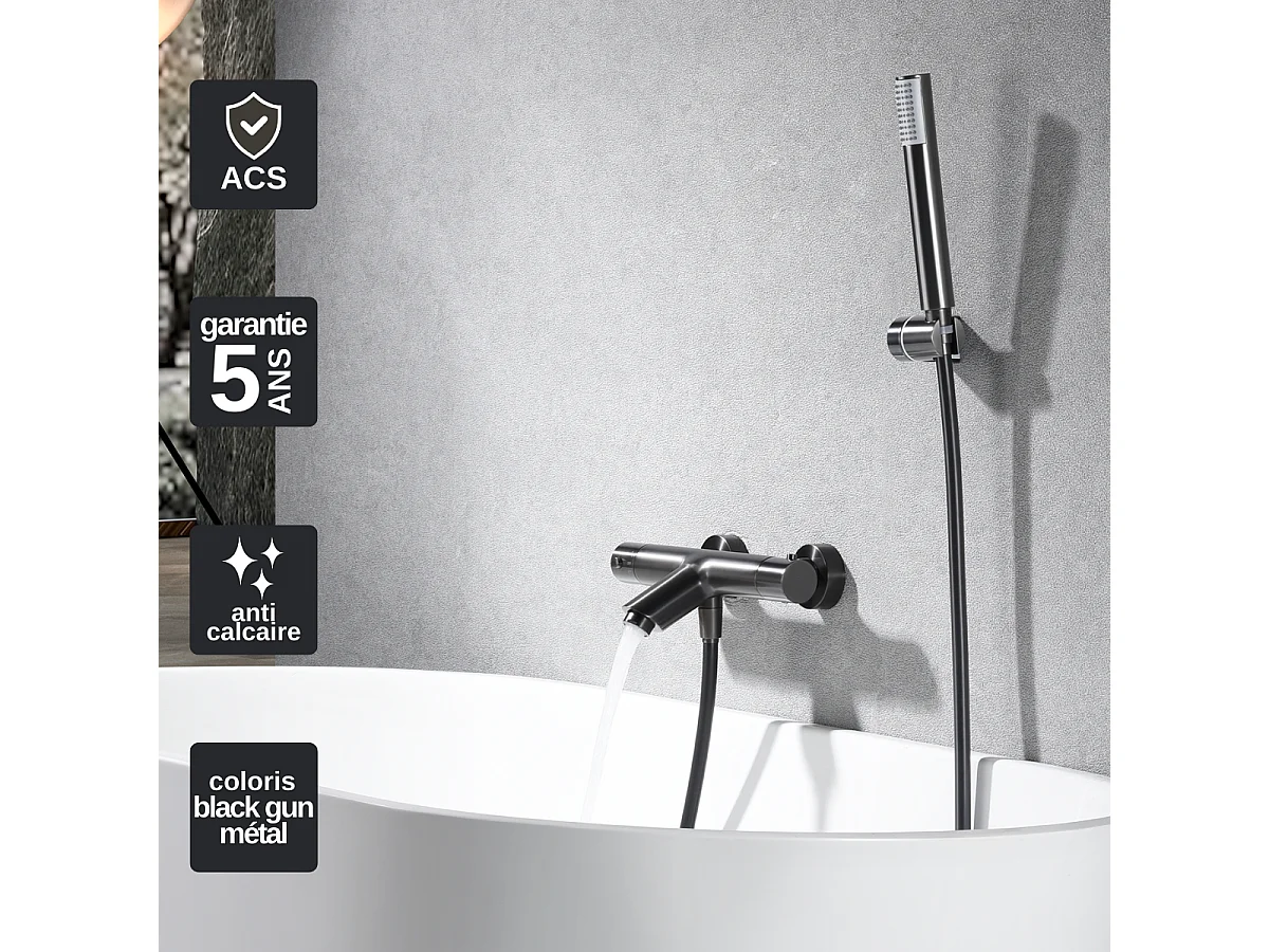 Ensemble Bain/Douche Thermostatique Anti-Calcaire Black Gun Métal MONZA BTM039-4BGM