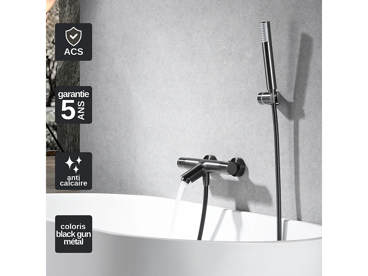 Ensemble Bain/Douche Thermostatique Anti-Calcaire Black Gun Métal MONZA BTM039-4BGM