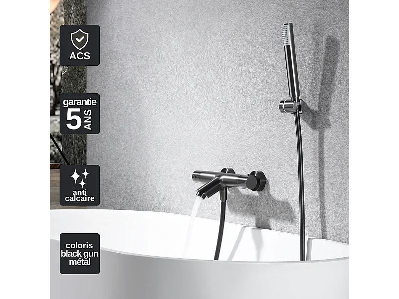 Ensemble Bain/Douche Thermostatique Anti-Calcaire Black Gun Métal MONZA BTM039-4BGM