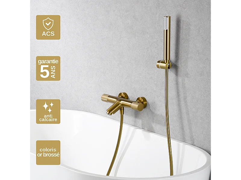 Ensemble Bain/Douche Anti-Calcaire Thermostatique Or Brossé LINE BTD038-4OC