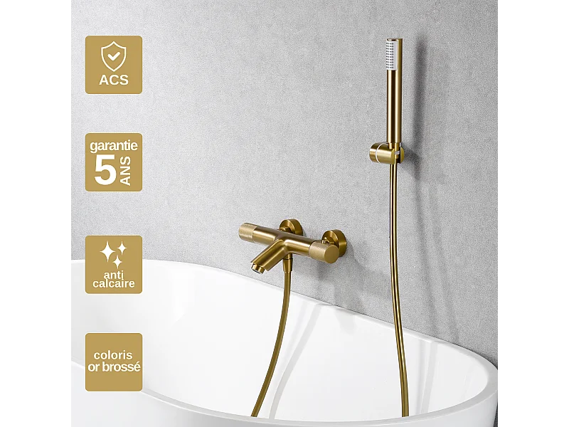 Ensemble Bain/Douche Anti-Calcaire Thermostatique Or Brossé LINE BTD038-4OC