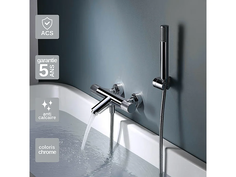 Ensemble Bain/Douche Anti-Calcaire Thermostatique Chrome LINE BTD038-4
