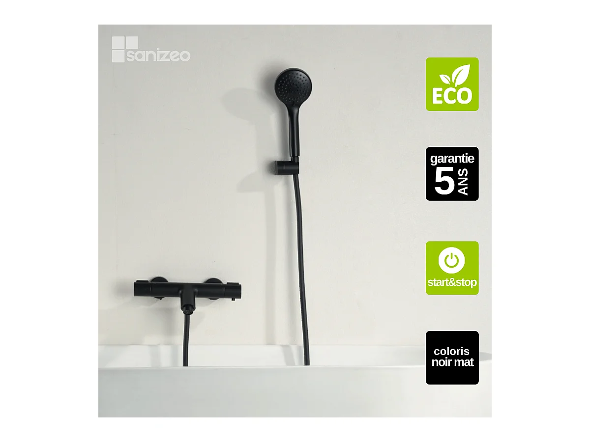 Ensemble Bain/Douche Thermostatique Économie d'Eau Noir Mat ECO-KENT BTK017-4ECO/NG