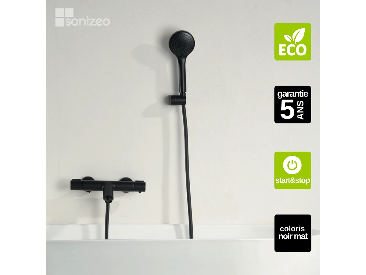 Ensemble Bain/Douche Thermostatique Économie d'Eau Noir Mat ECO-KENT BTK017-4ECO/NG