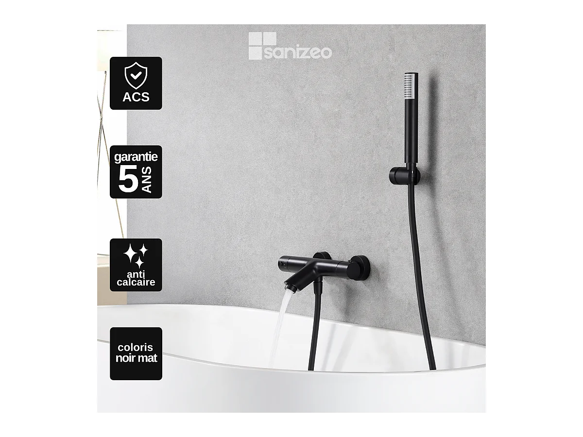 Ensemble Bain/Douche Thermostatique Anti-Calcaire Noir Mat MONZA BTM039-4NG