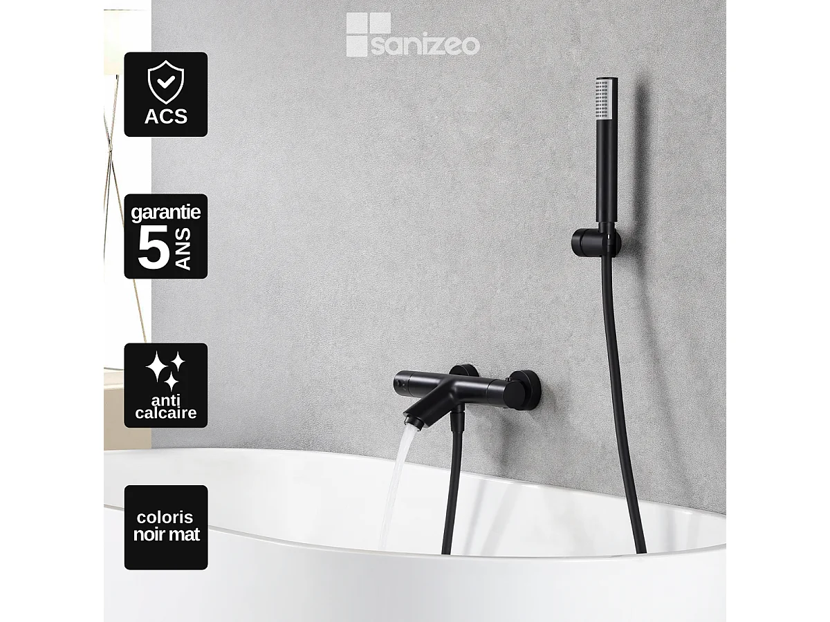 Ensemble Bain/Douche Thermostatique Anti-Calcaire Noir Mat MONZA BTM039-4NG