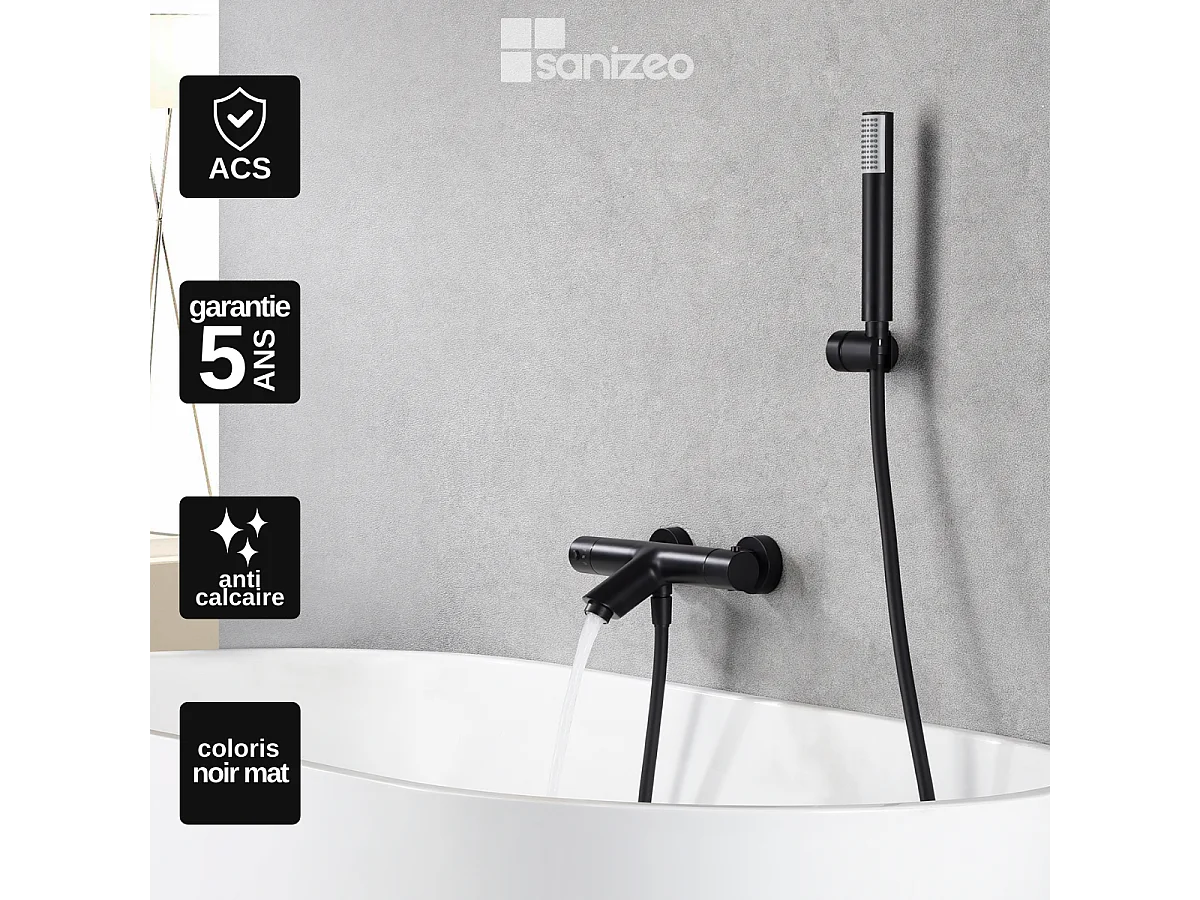 Ensemble Bain/Douche Thermostatique Anti-Calcaire Noir Mat MONZA BTM039-4NG