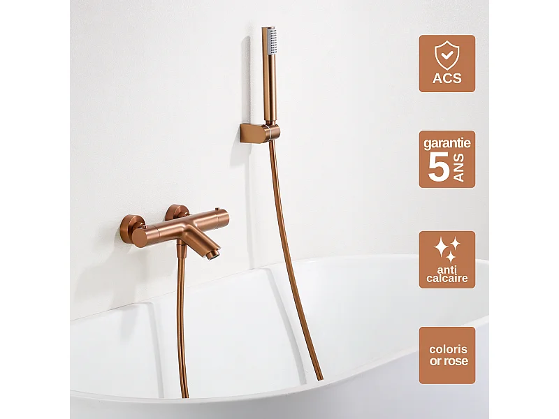 Ensemble Bain/Douche Thermostatique Anti-Calcaire Or Rose Cuivré MONZA BTM039-4ORC