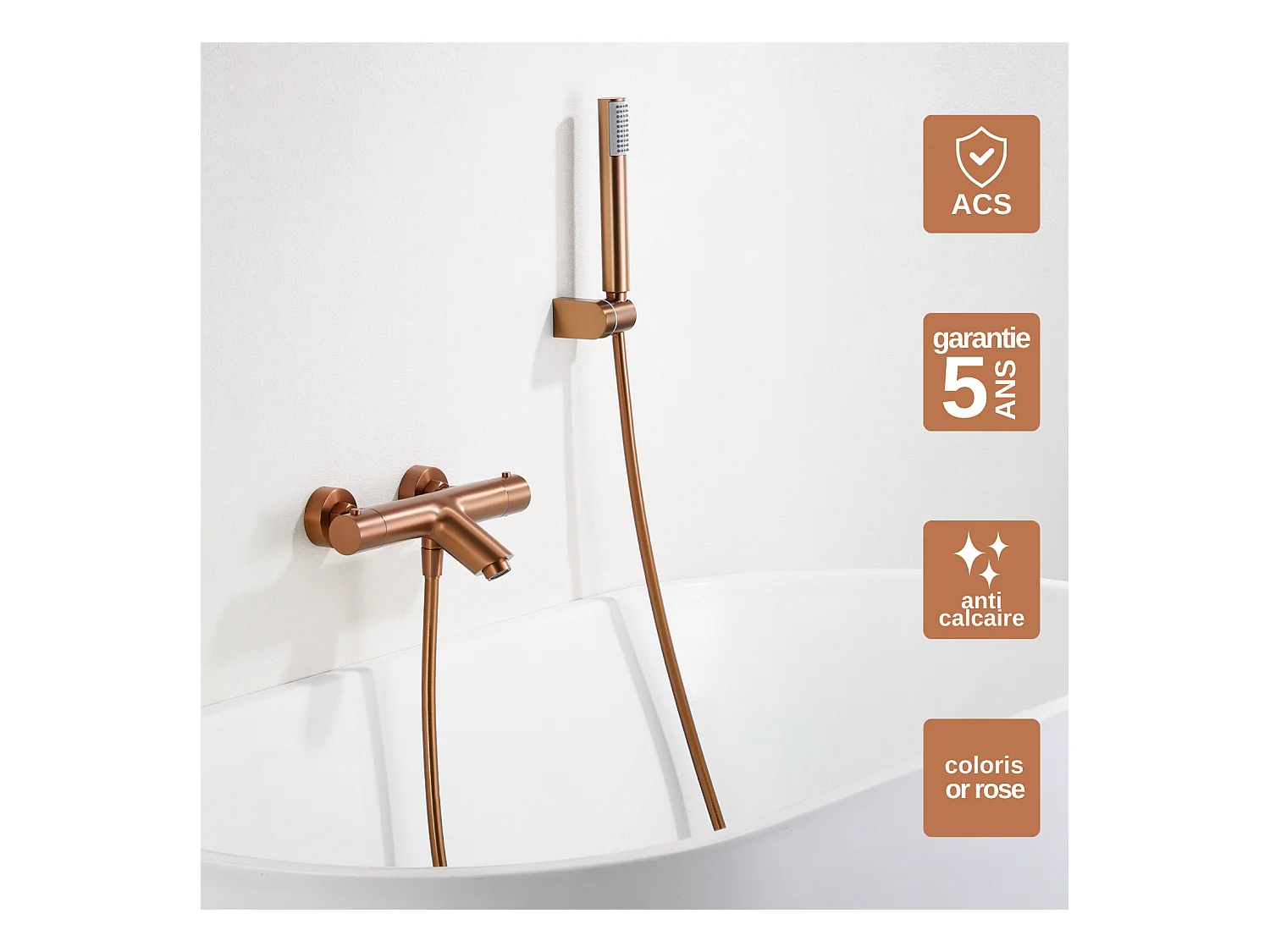Ensemble Bain/Douche Thermostatique Anti-Calcaire Or Rose Cuivré MONZA BTM039-4ORC