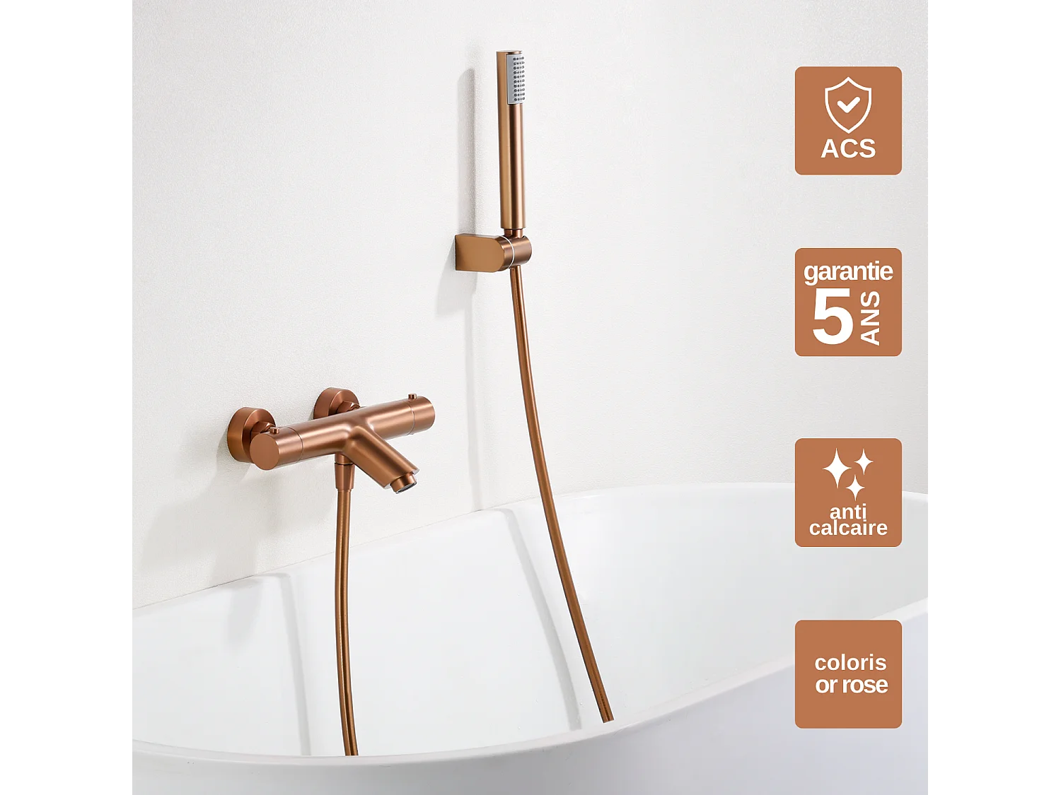 Ensemble Bain/Douche Thermostatique Anti-Calcaire Or Rose Cuivré MONZA BTM039-4ORC