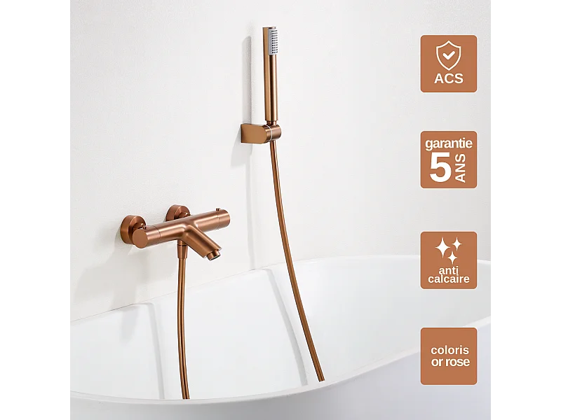 Ensemble Bain/Douche Thermostatique Anti-Calcaire Or Rose Cuivré MONZA BTM039-4ORC