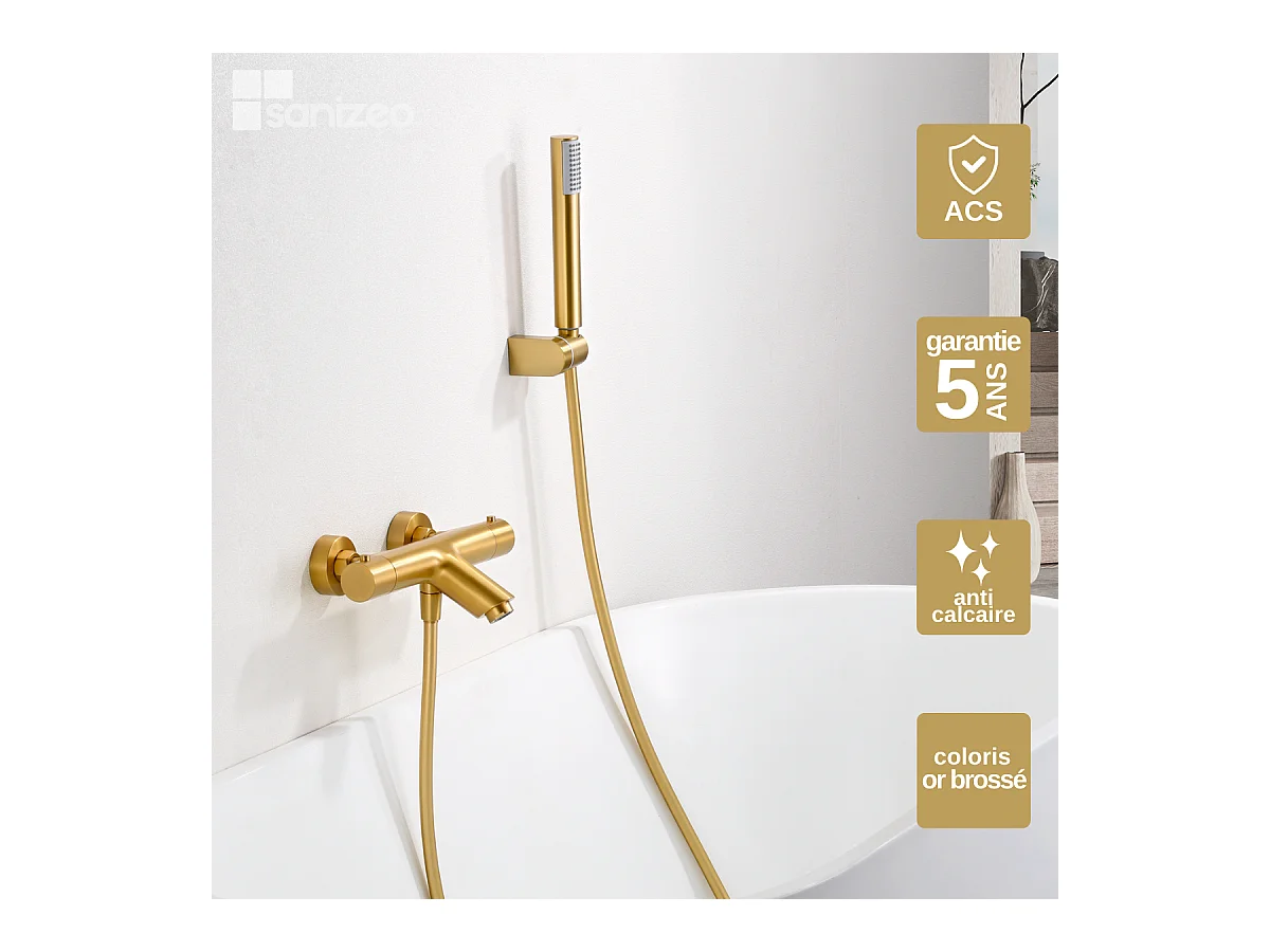 Ensemble Bain/Douche Thermostatique Anti-Calcaire Or Brossé MONZA BTM039-4OC