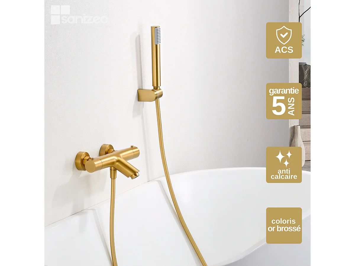 Ensemble Bain/Douche Thermostatique Anti-Calcaire Or Brossé MONZA BTM039-4OC