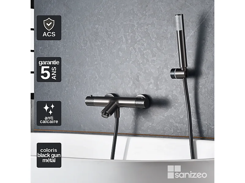 Ensemble Bain/Douche Thermostatique Anti-Calcaire Black Gun Métal GENOVA BDG053-4BGM