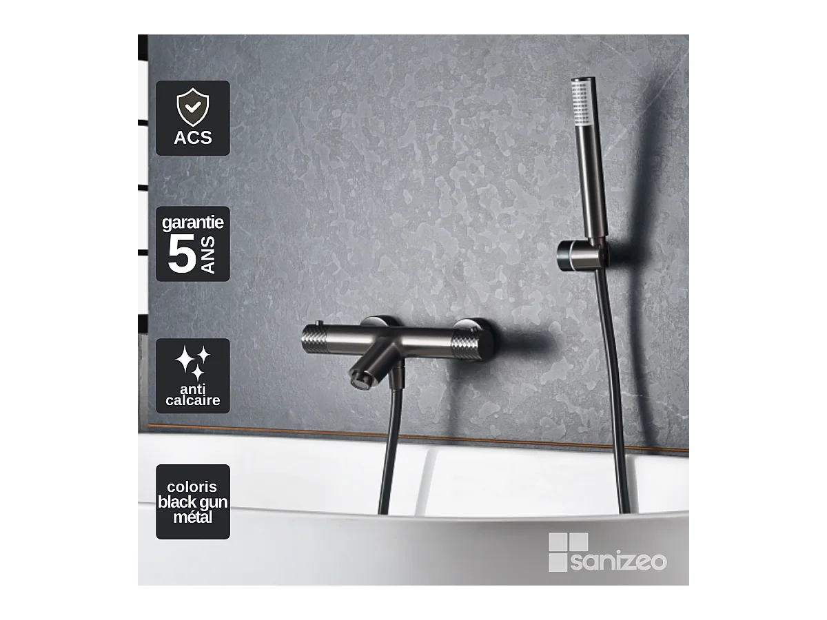 Ensemble Bain/Douche Thermostatique Anti-Calcaire Black Gun Métal GENOVA BDG053-4BGM