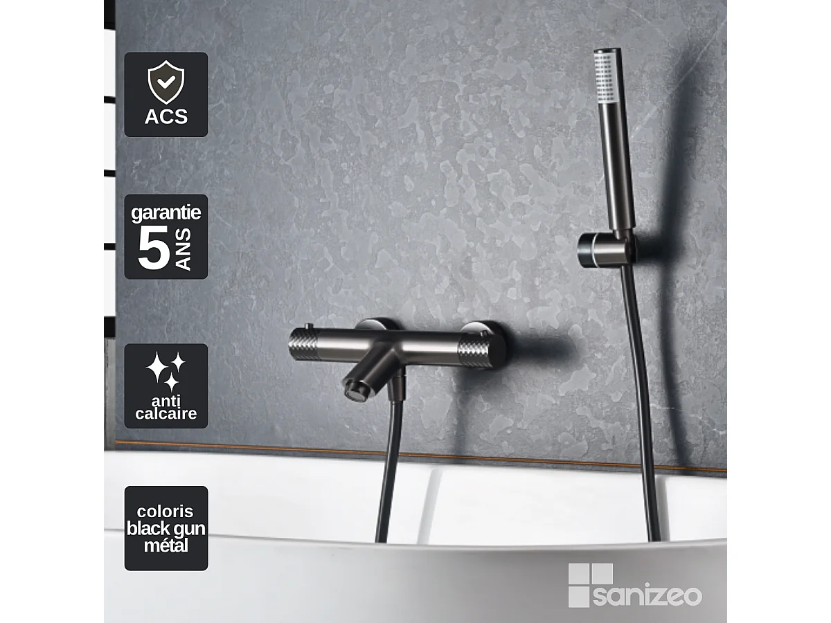 Ensemble Bain/Douche Thermostatique Anti-Calcaire Black Gun Métal GENOVA BDG053-4BGM