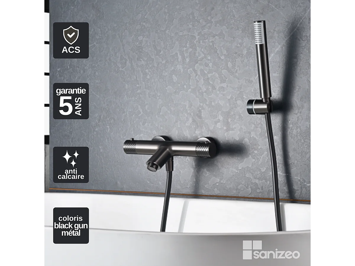 Ensemble Bain/Douche Thermostatique Anti-Calcaire Black Gun Métal GENOVA BDG053-4BGM