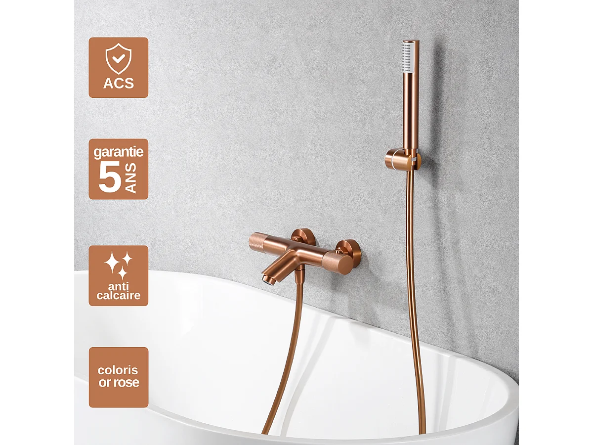 Ensemble Bain/Douche Anti-Calcaire Thermostatique Or Rose Cuivré LINE BTD038-4ORC