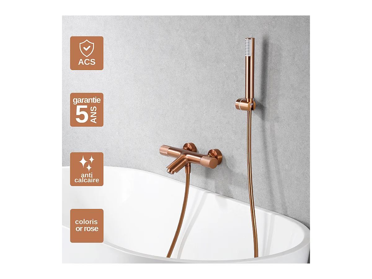 Ensemble Bain/Douche Anti-Calcaire Thermostatique Or Rose Cuivré LINE BTD038-4ORC