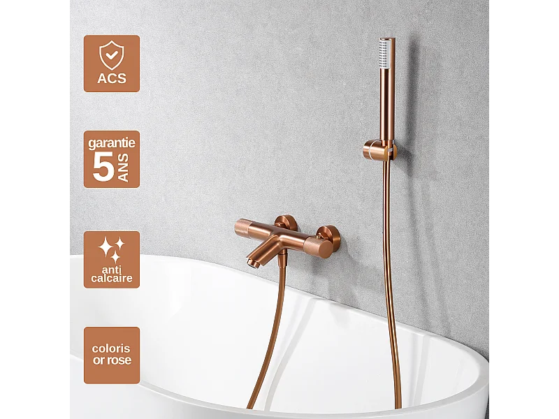 Ensemble Bain/Douche Anti-Calcaire Thermostatique Or Rose Cuivré LINE BTD038-4ORC