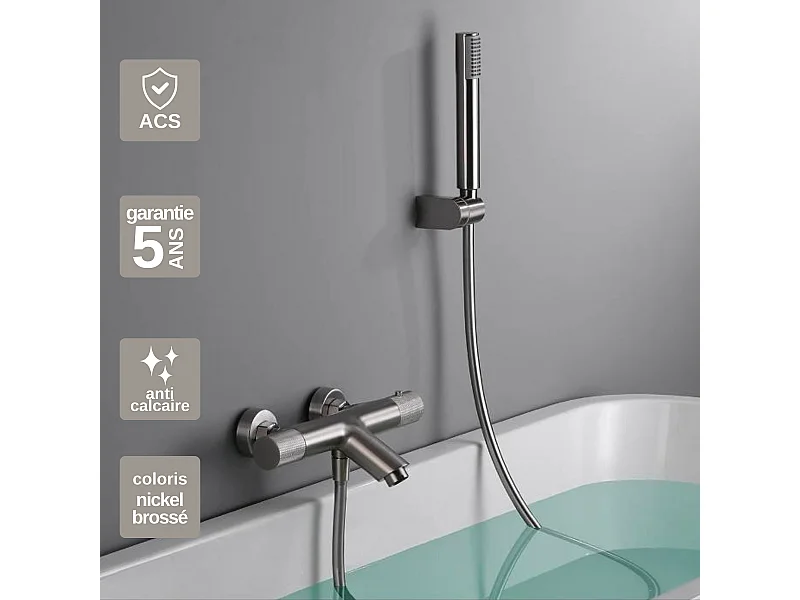 Ensemble Bain/Douche Anti-Calcaire Thermostatique Nickel Brossé LINE BTD038-4NQ