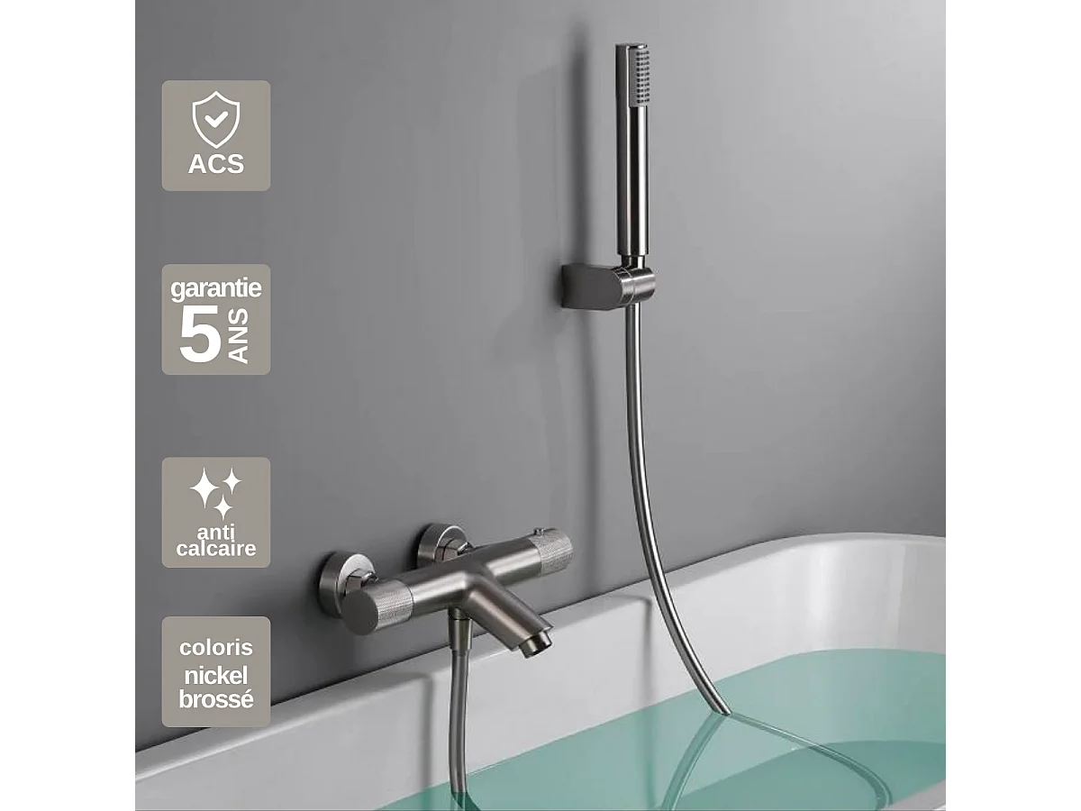 Ensemble Bain/Douche Anti-Calcaire Thermostatique Nickel Brossé LINE BTD038-4NQ