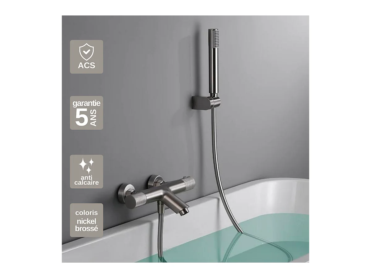 Ensemble Bain/Douche Anti-Calcaire Thermostatique Nickel Brossé LINE BTD038-4NQ