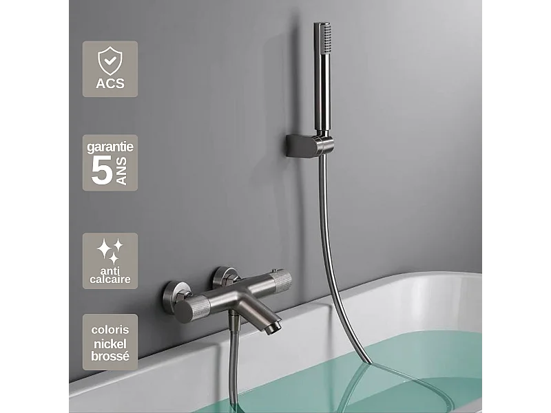Ensemble Bain/Douche Anti-Calcaire Thermostatique Nickel Brossé LINE BTD038-4NQ