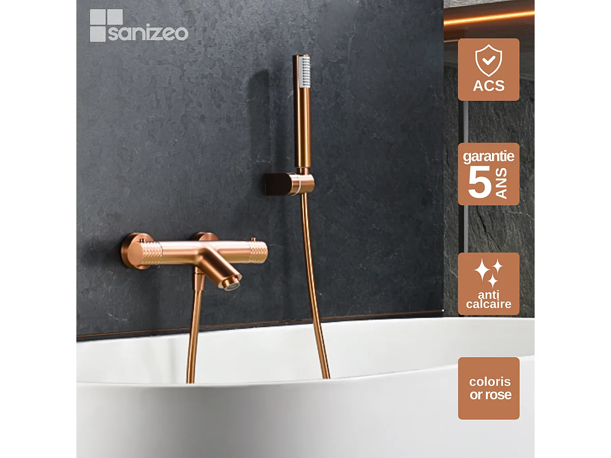 Ensemble Bain/Douche Thermostatique Anti-Calcaire Or Rose Cuivré GENOVA BDG053-4ORC